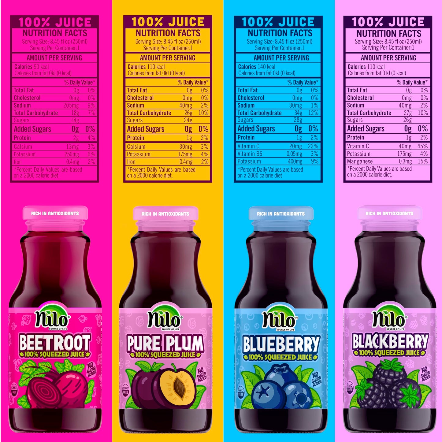 Nilo Variety Pack | 100% Squeezed Juice Blackberry Blueberry Plum Beetroot | No Sugar Added | Non Gmo | Not From Concentrate | 8