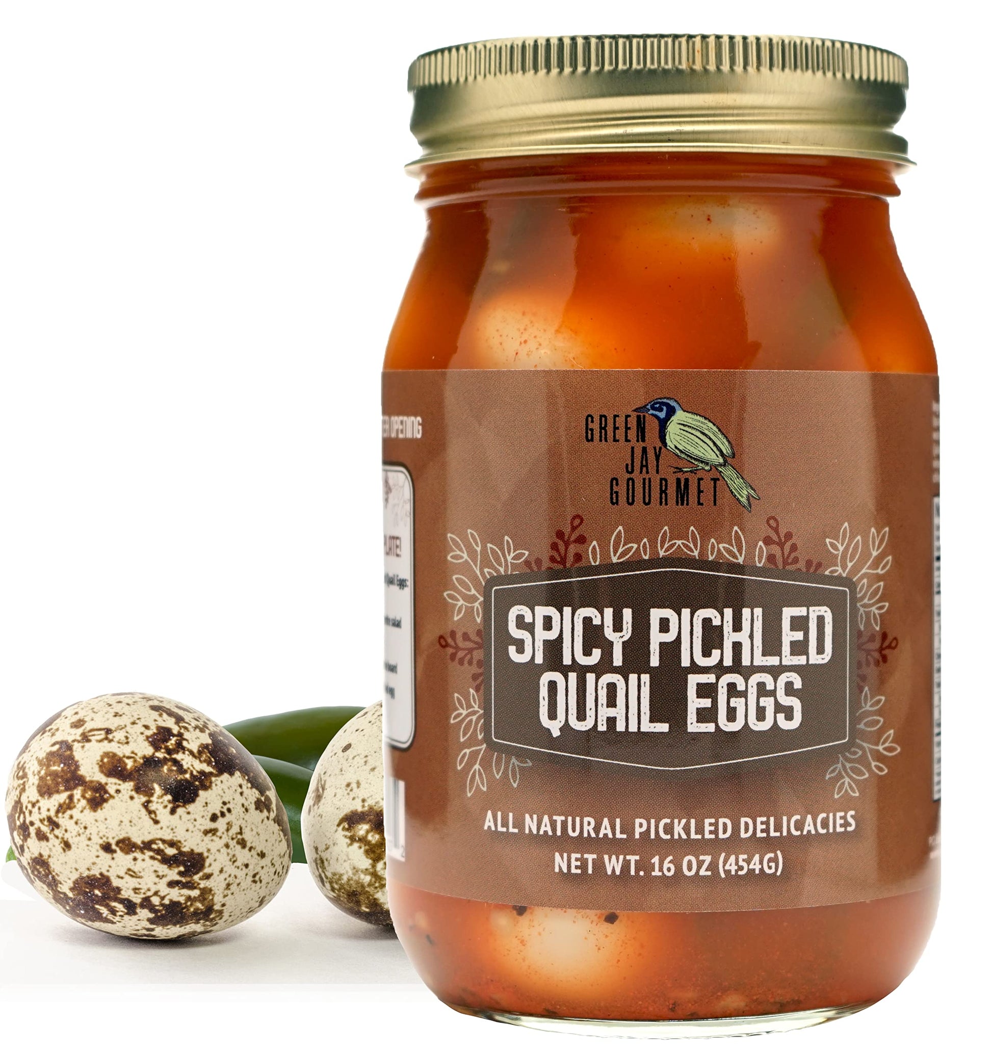 Green Jay Gourmet Spicy Pickled Quail Eggs - 16 Ounce Jar - Freshly Hand Jarred - Natural Ingredients