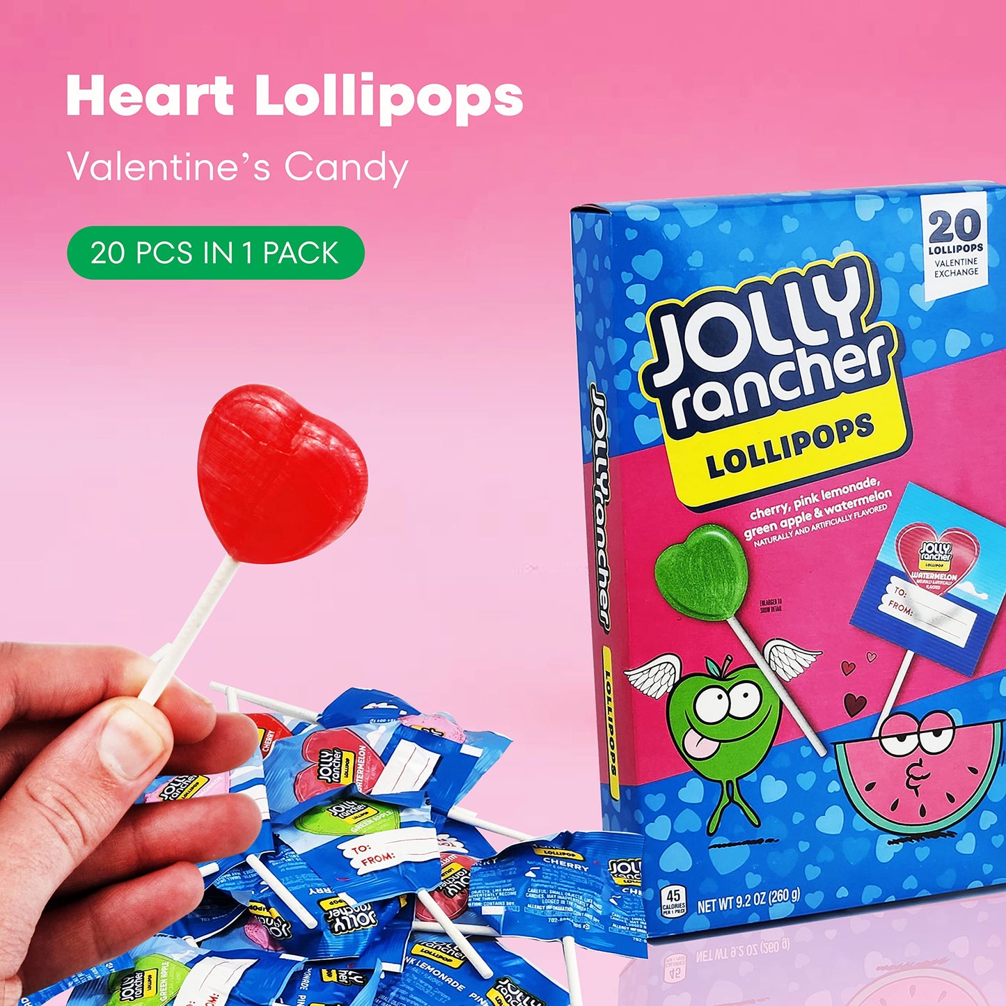 Jollyrancher Heart Lollipops - 20 Pcs Heart Shaped Lollipops - Valentines Pack - Delicious Valentines Day Candy In Sealed Bags -