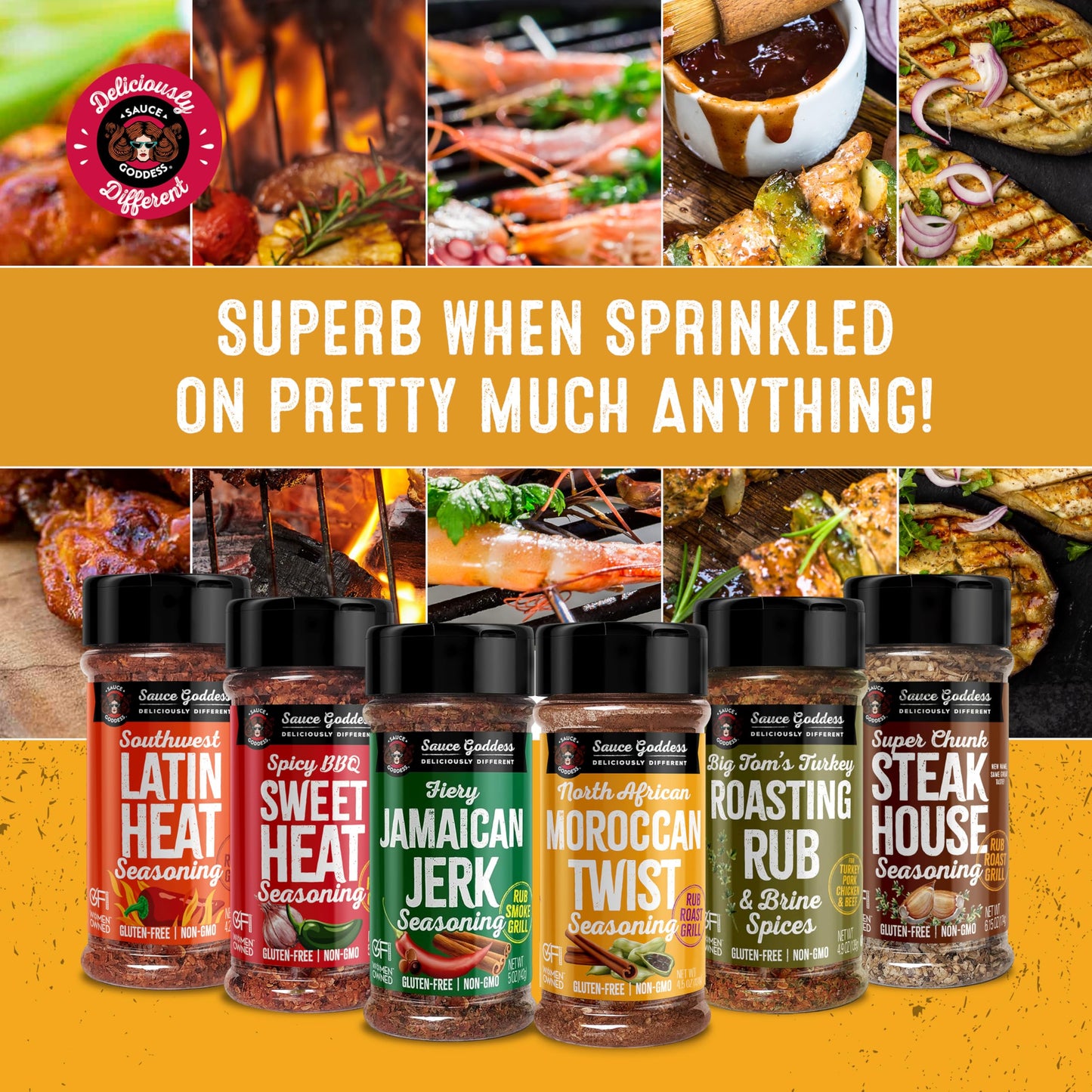 Sauce Goddess Spice 6 Pack Sampler - Seasonings And Spices For Cooking Gift Set. No Additives, Non Gmo & No Flavorings. Certifie