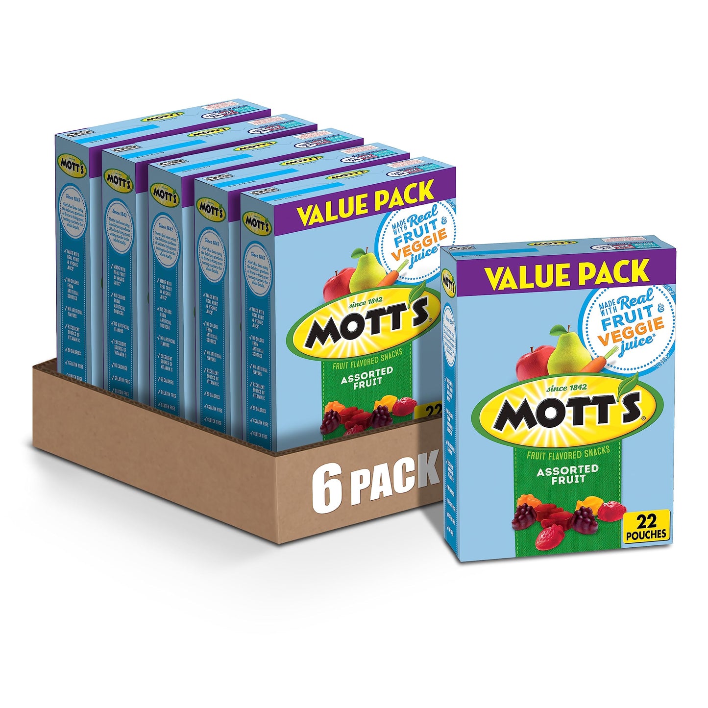 Motts Fruit Flavored Snacks, Assorted Fruit, Gluten Free Snack, Value Pack, 22 Pouches, 17.6 oz (Pack of 6)