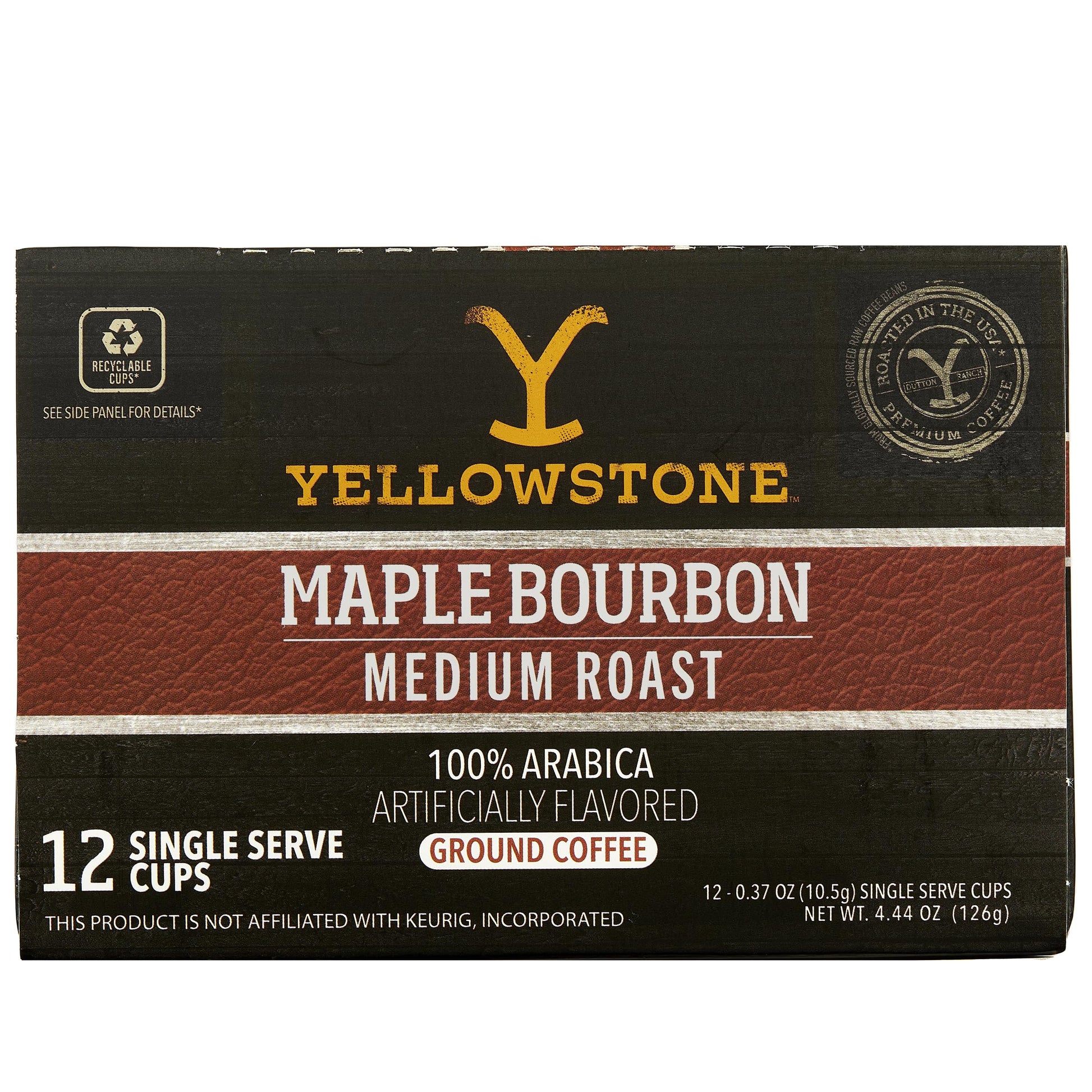 Y Yellowstone Maple Bourbon Coffee Pods, Medium Roast, 100% Arabica, 12 Count, Single Serve Recyclable