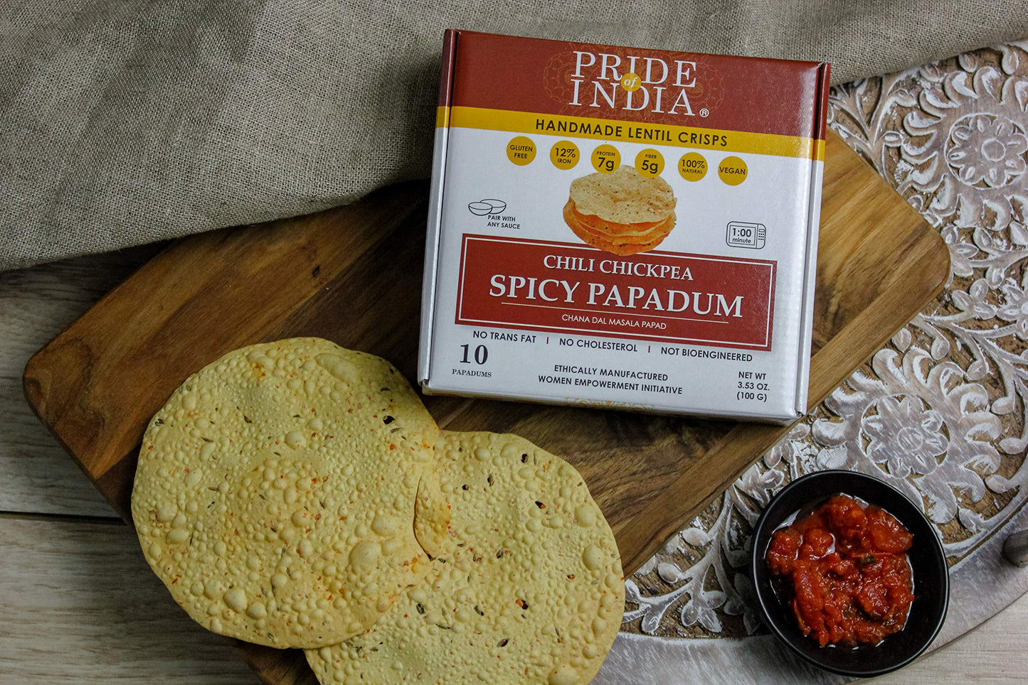Pride Of India - Spicy Chickpea Masala Papadum Lentil Crisp, 10 count (3.53oz - 100gm) - Microwaveable Instant Chips, Gluten-Fre