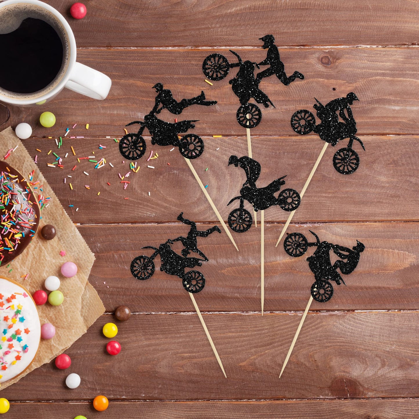 Gyufise 24Pcs Motorcycle Cupcake Toppers Black Glitter Motocross Dirt Bike Party Cupcake Picks For Sports Motocross Theme Man Bo