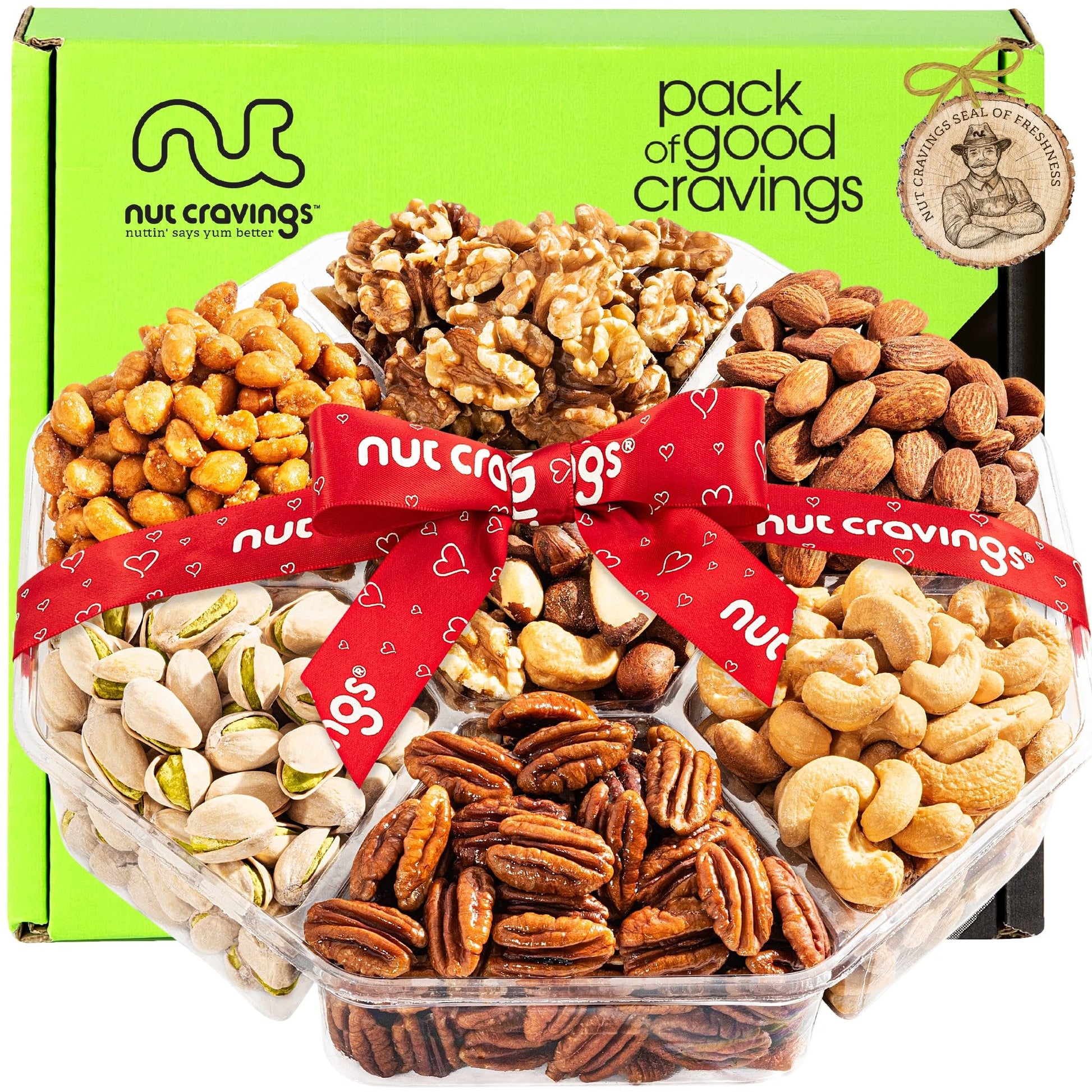 Nut Cravings Gourmet Collection - Rosh Hashana & Shana Tova Mixed Nuts Gift Basket + Heart Ribbon (7 Assortments) Arrangement Pl