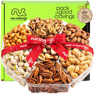 Nut Cravings Gourmet Collection - Rosh Hashana & Shana Tova Mixed Nuts Gift Basket + Heart Ribbon (7 Assortments) Arrangement Pl