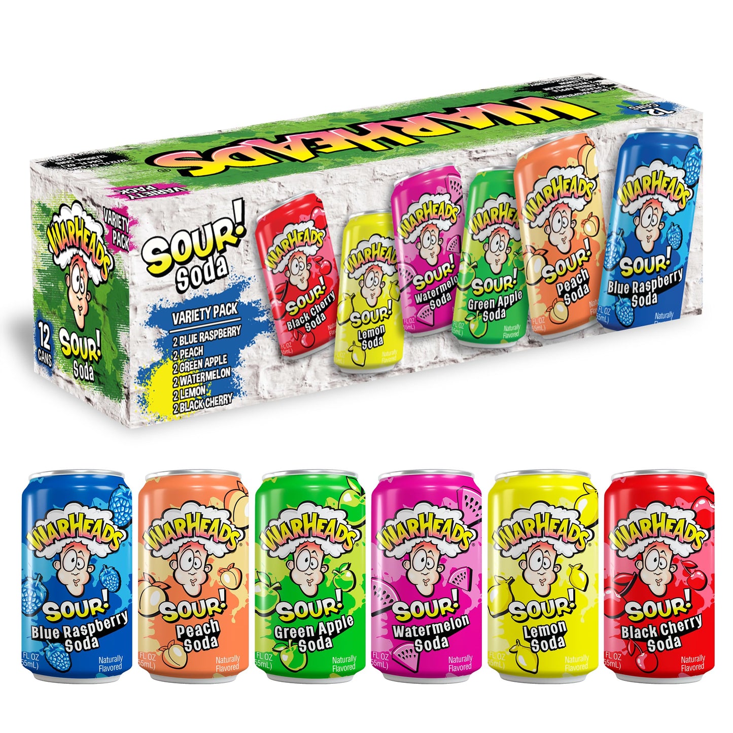 Warheads Sour Fruity Soda – Classic Candy Flavors, Perfectly Balanced Sweet & Sour, Variety Pack of 12, 12oz Cans