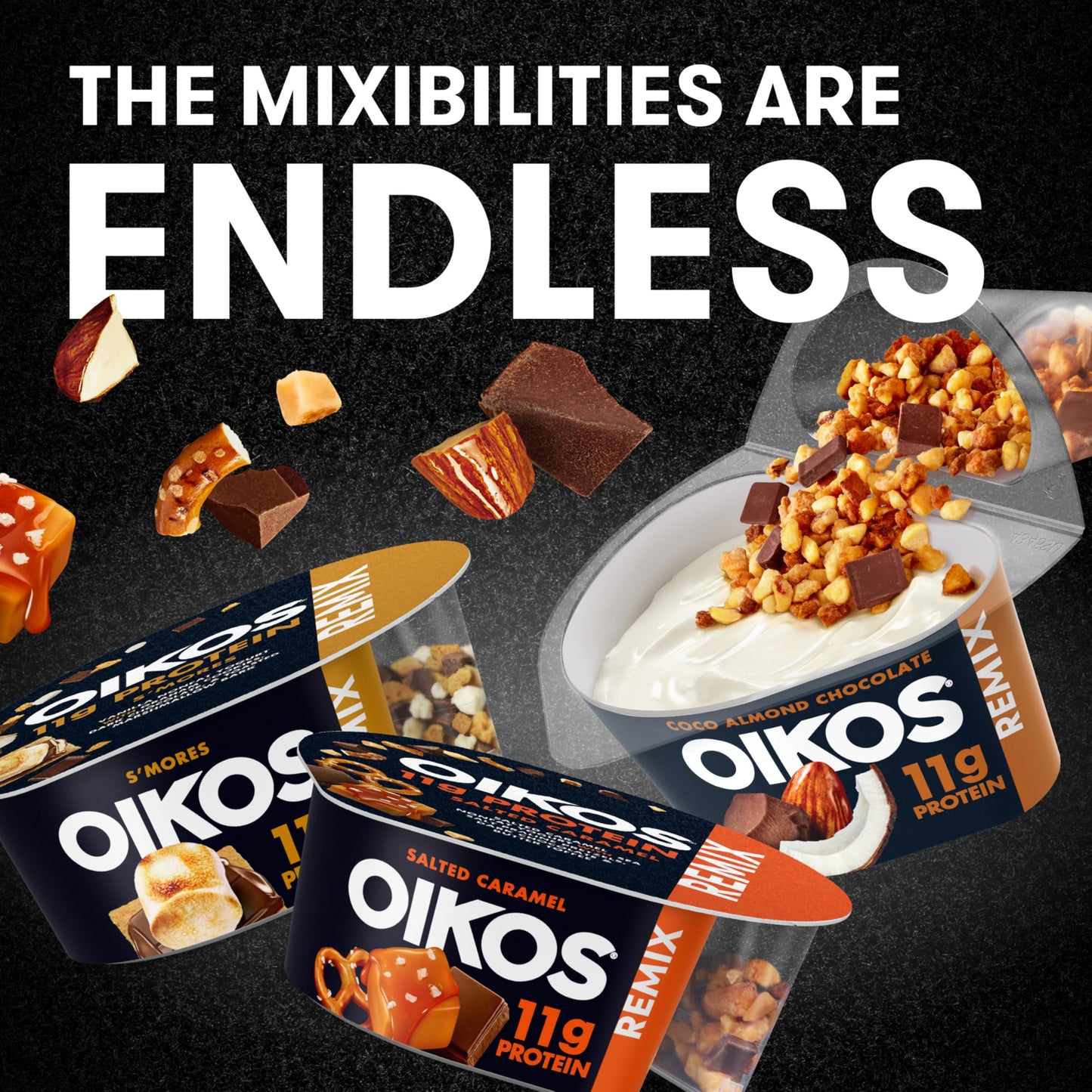 Oikos REMIX Smores Vanilla Nonfat Greek Yogurt with Graham Cookies, Dark Chocolate and Toasted Marshmallow Bark Mix-Ins, Delicio
