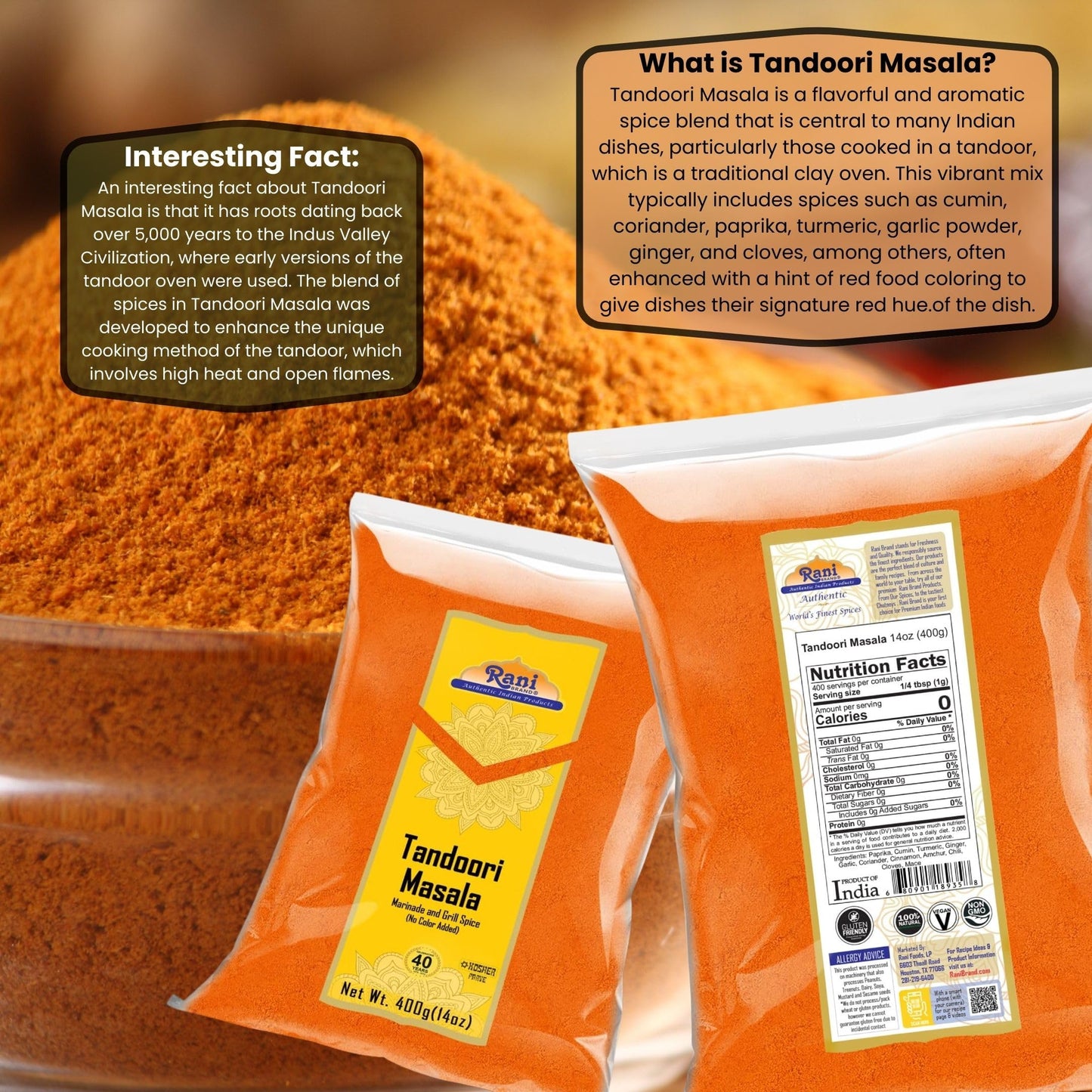 Rani Tandoori Masala 11-Spice Blend, Salt Free, Vegan, 14oz (400g), Non-GMO, Gluten Friendly, Indian Origin