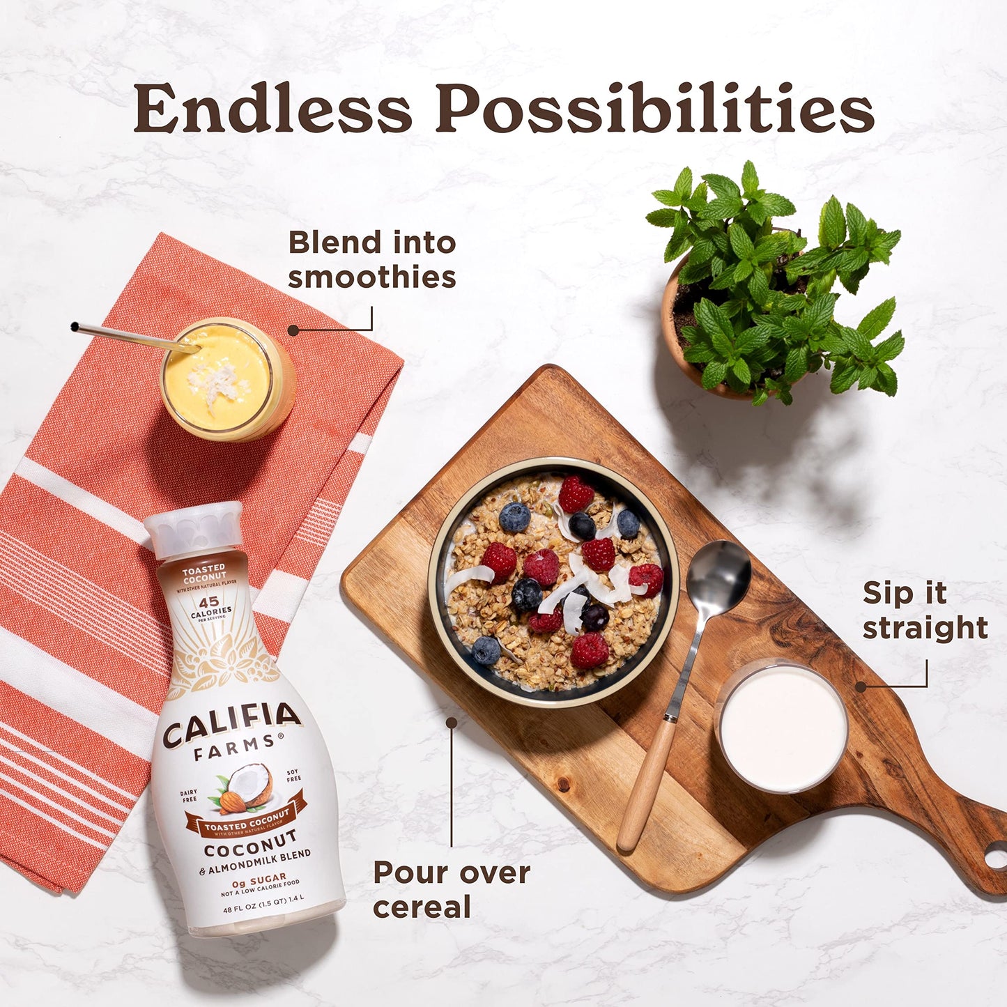 Califia Farms - Toasted Coconut Almond Milk, 48 Oz, Dairy Free, Plant Based, Vegan, Gluten Free, Non Gmo, Sugar Free, High Calci