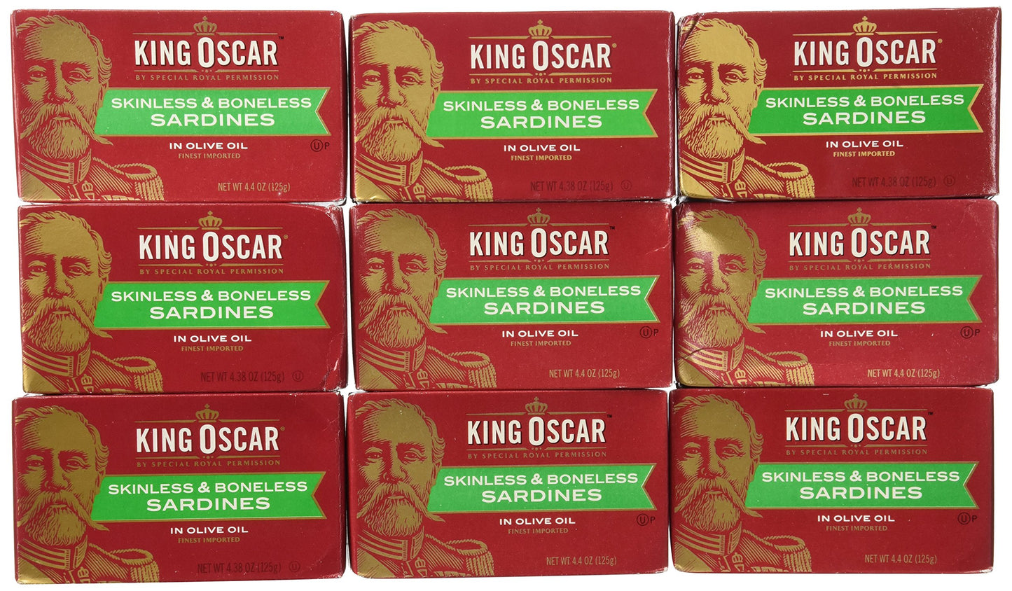 King Oscar Skinless & Boneless Sardines in Olive Oil, 4.4oz (9 Pack) - Premium Seafood, Rich Flavor, Convenient Pack
