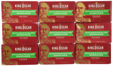 King Oscar Skinless & Boneless Sardines in Olive Oil, 4.4oz (9 Pack) - Premium Seafood, Rich Flavor, Convenient Pack