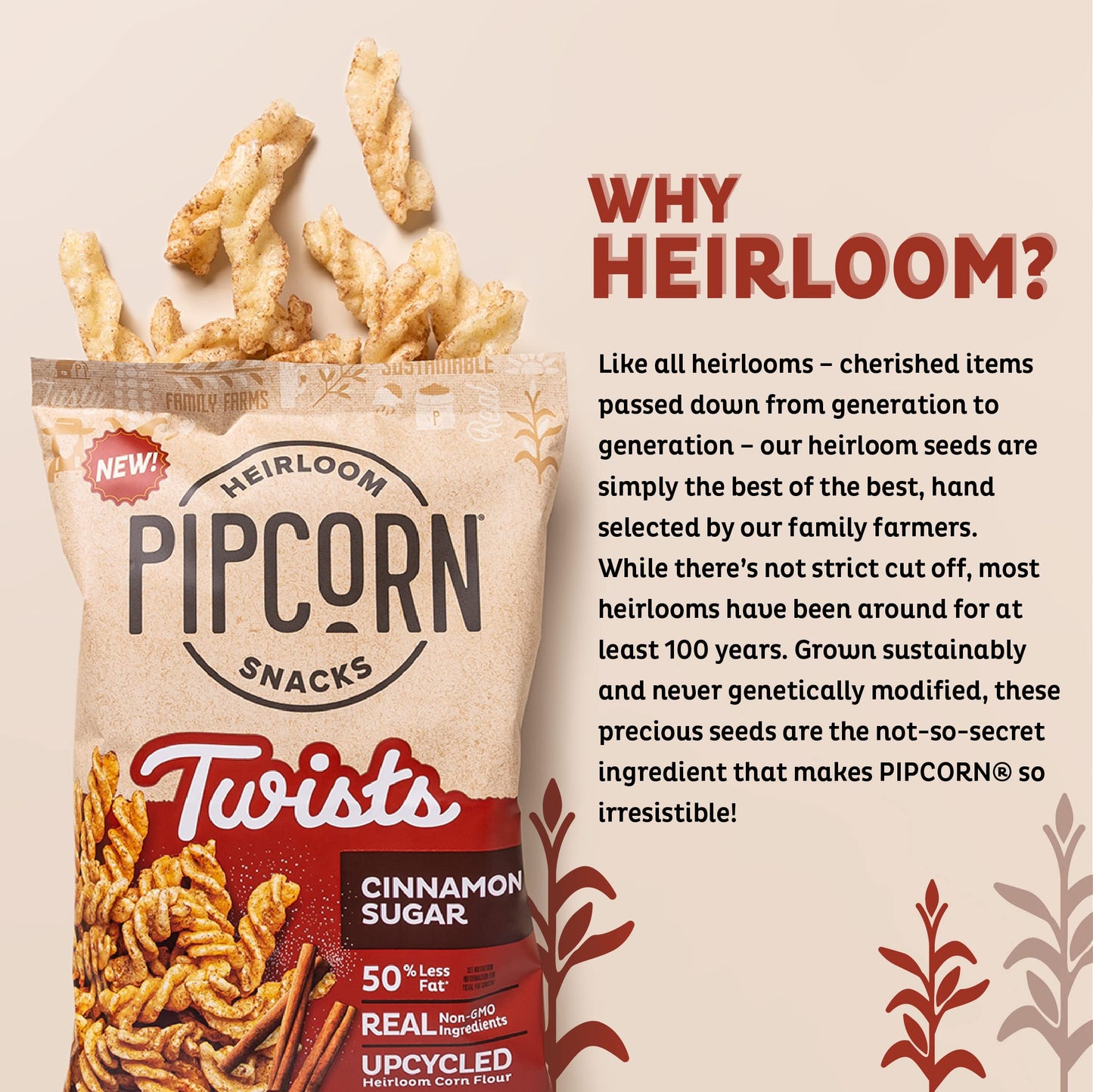 Heirloom Cinnamon Sugar Twists By Pipcorn - 1Oz 24Pk - Healthy Snacks, Gluten Free Snacks, Snack Packs, Upcycled Heirloom Corn F