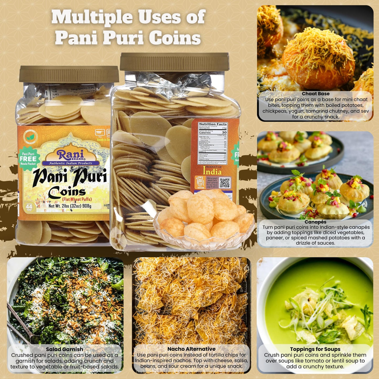 Rani Pani Puri Coins (Uncooked, Microwaveable Wheat Semolina Coins) 32oz (2lbs) 908g w/Pani Puri Masala (14-Spice Blend for Indi