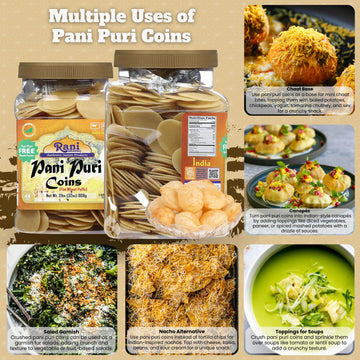 Rani Pani Puri Coins (Uncooked, Microwaveable Wheat Semolina Coins) 32oz (2lbs) 908g w/Pani Puri Masala (14-Spice Blend for Indi