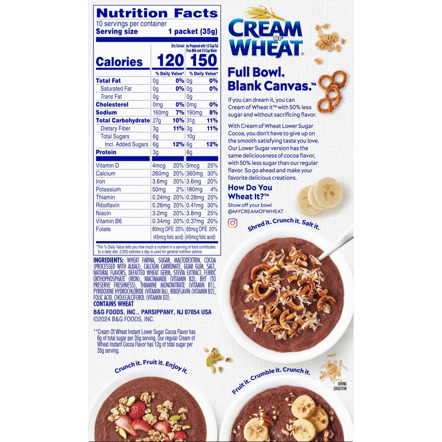 Cream Of Wheat Instant Lower Sugar Hot Cereal, Cocoa, 1.23 Ounce, 10 Packets