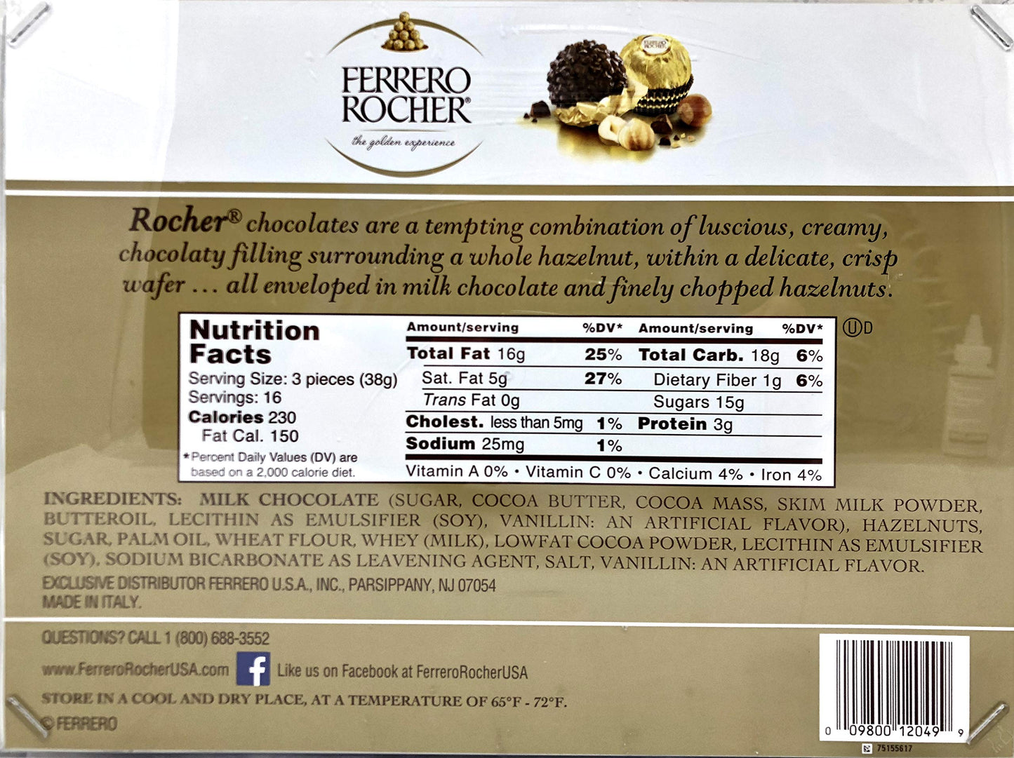 Ferrero Rocher Fine Hazelnut Chocolates, Chocolate Gift Box, 48 Count Flat, 21.2 Oz