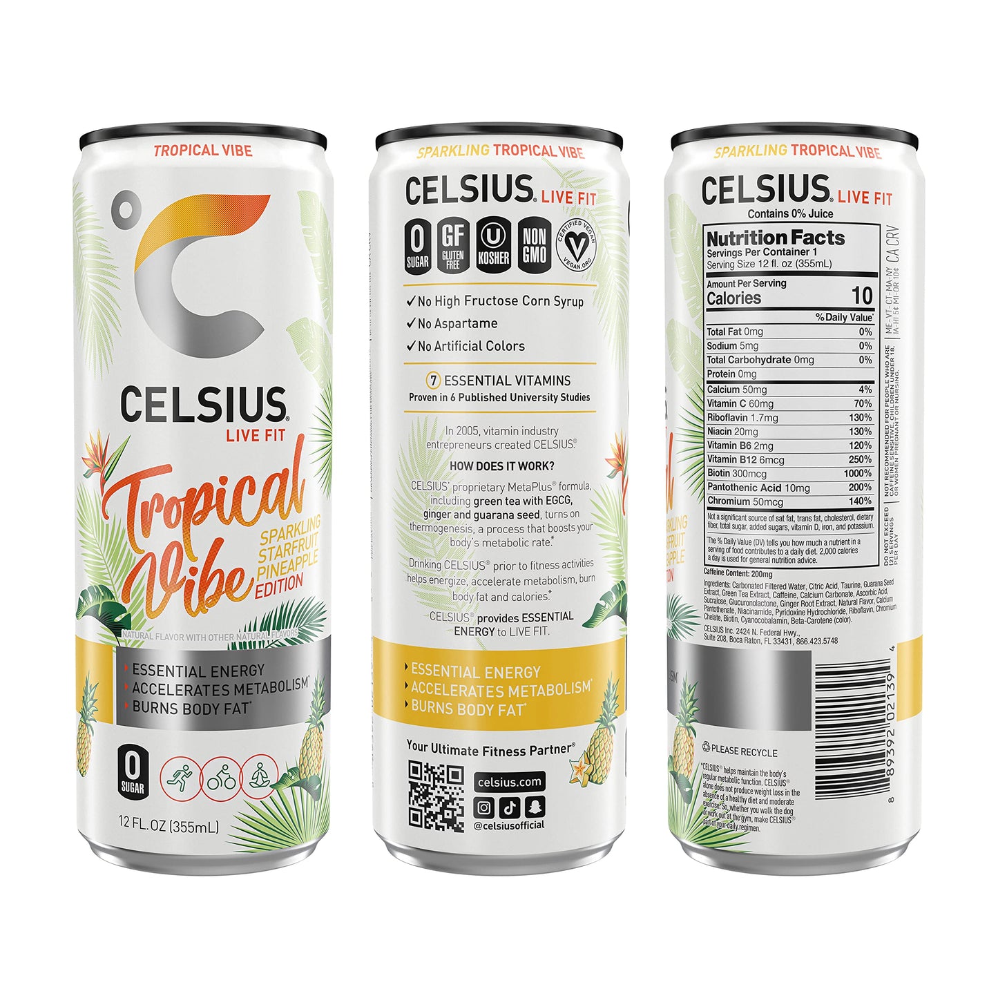 CELSIUS Sparkling Tropical Vibe Energy Drink, 12 Fl Oz, Pack of 24, Model FGSS6431
