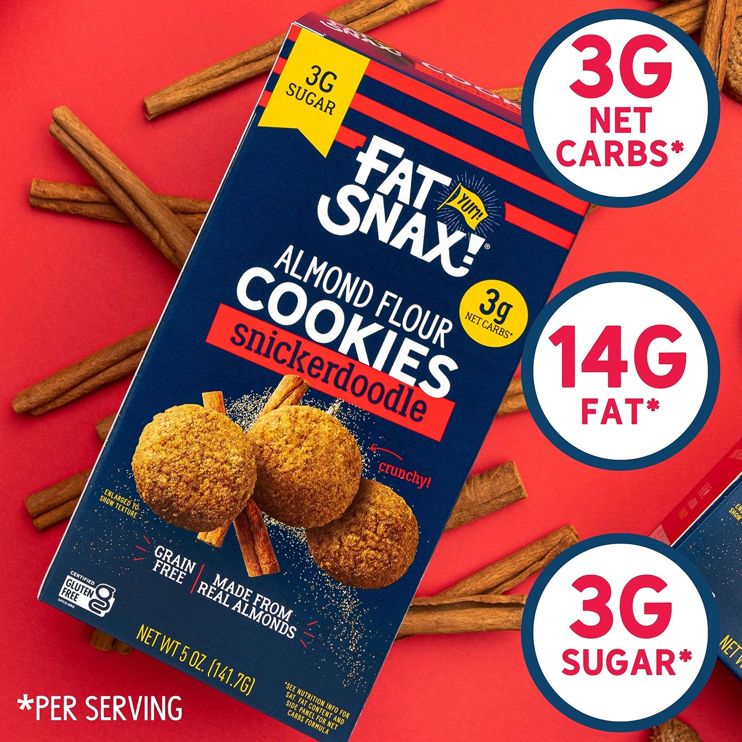 Fat Snax Low-Carb Crunchy Mini Keto Cookies, Snickerdoodle, 5 Ounce, Almond Flour Cookies, Certified Gluten-Free, Low Sugar Snac