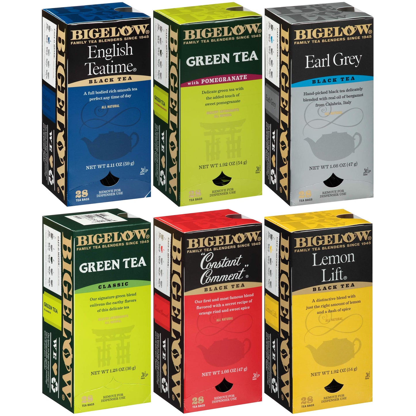 Bigelow Assorted Tea Packs, Six Flavors, 28/Box, 168/Carton