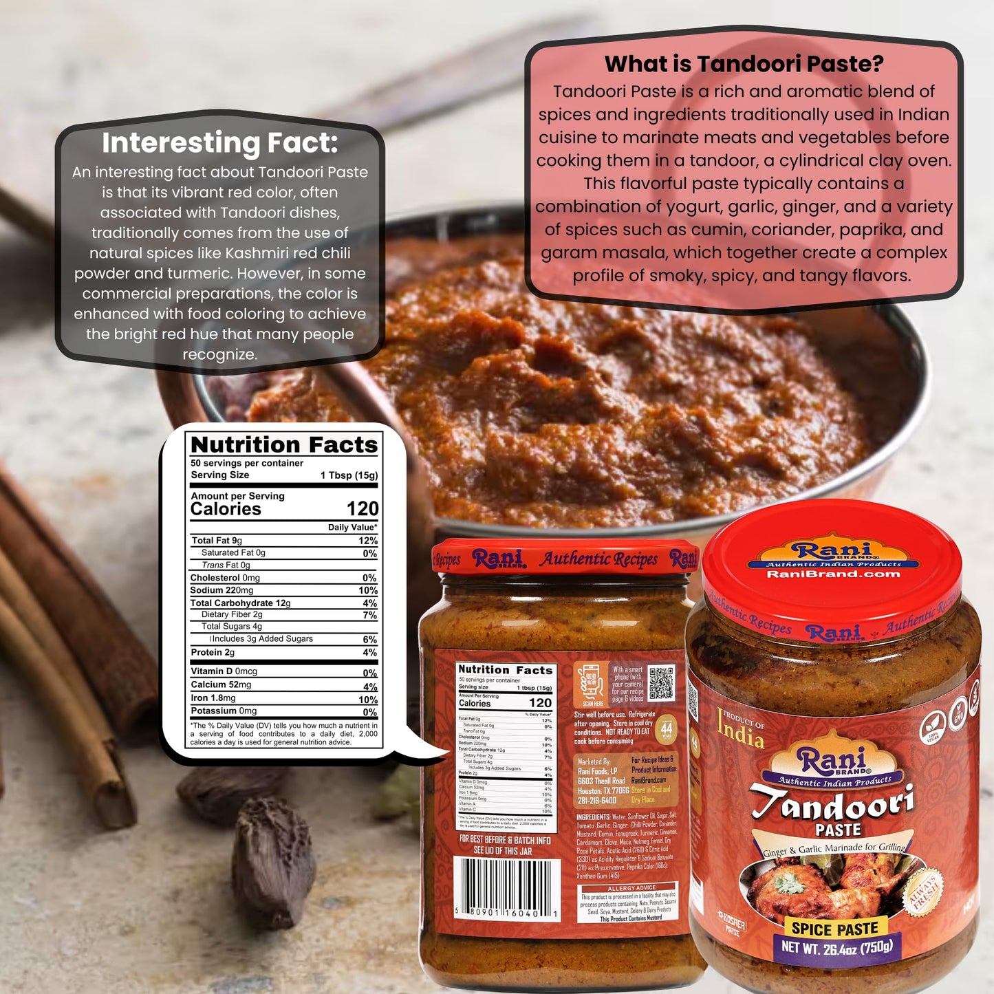 Rani Tandoori Paste (No Colors) 26.5Oz (750G) Glass Jar, Pack Of 5+1 Free ~ For Tandoori Chicken, Chicken Tikka, Paneer Tikka |