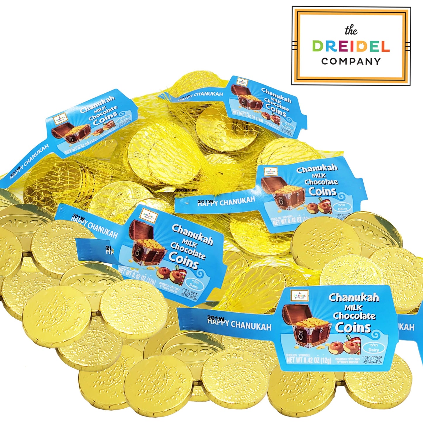 The Dreidel Company Hanukkah Chocolate Gelt, Milk Chocolate Coins, Made In Israel, Kosher Certified Cholov Yisroel Chanukah Coins Box, 0.42 Oz Each (12 Mesh Bags)