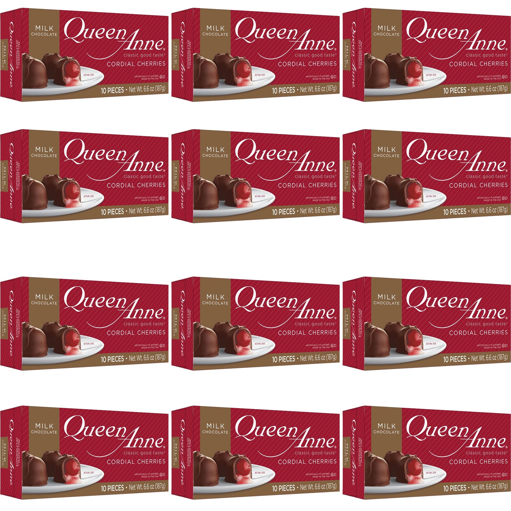 Queen Anne Milk Chocolate Covered Cordial Cherries | 6.6 Oz (Pack Of 12) | 10 Piece Gift Boxes | Whole Maraschino Cherry Creamy Filled Liquid Center | Holiday Party Chocolate Candy