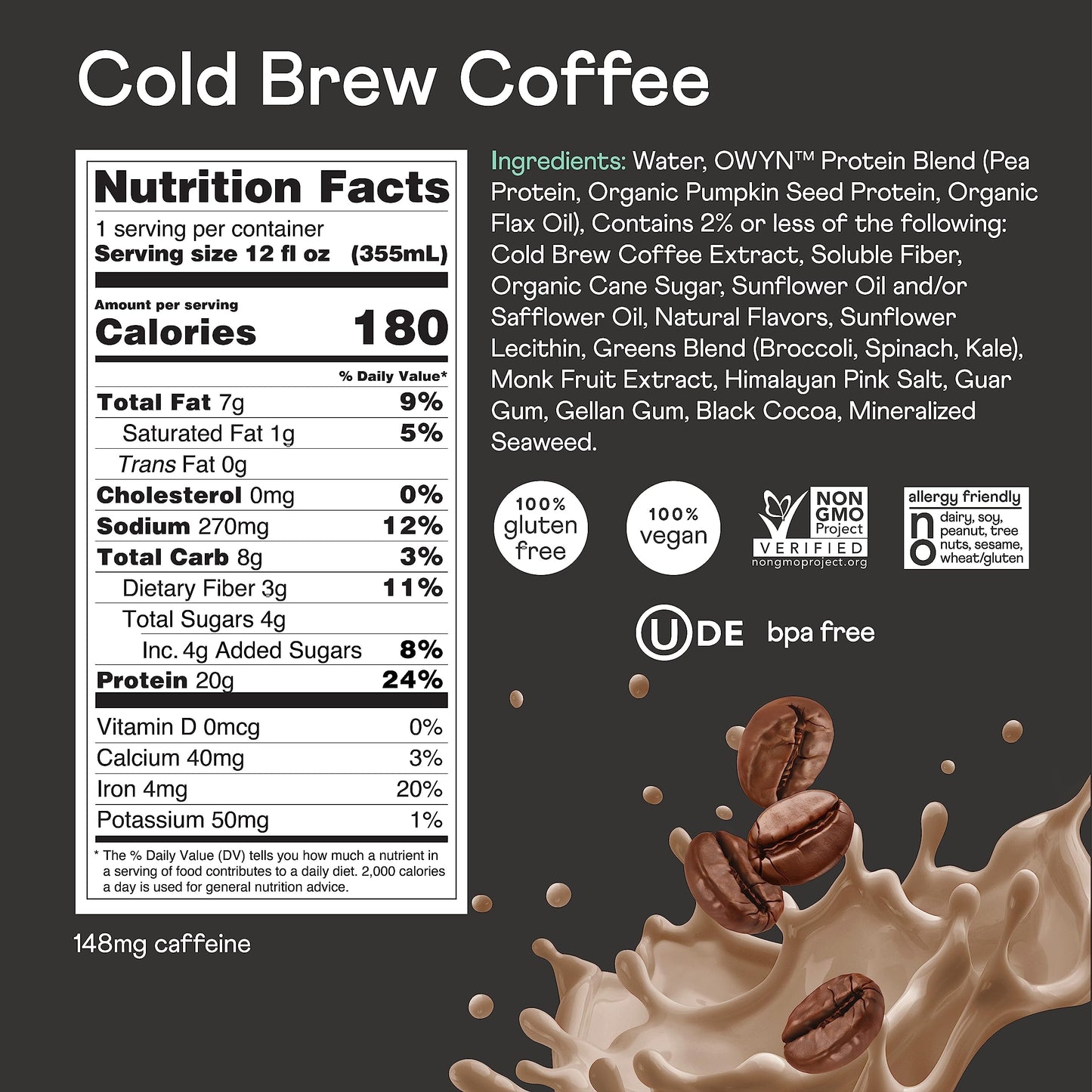 OWYN Only What You Need Vegan Plant-Based Protein Shake, Cold Brew Coffee, 12 Pack, with 20g Plant Protein, Omega-3, Prebiotic s