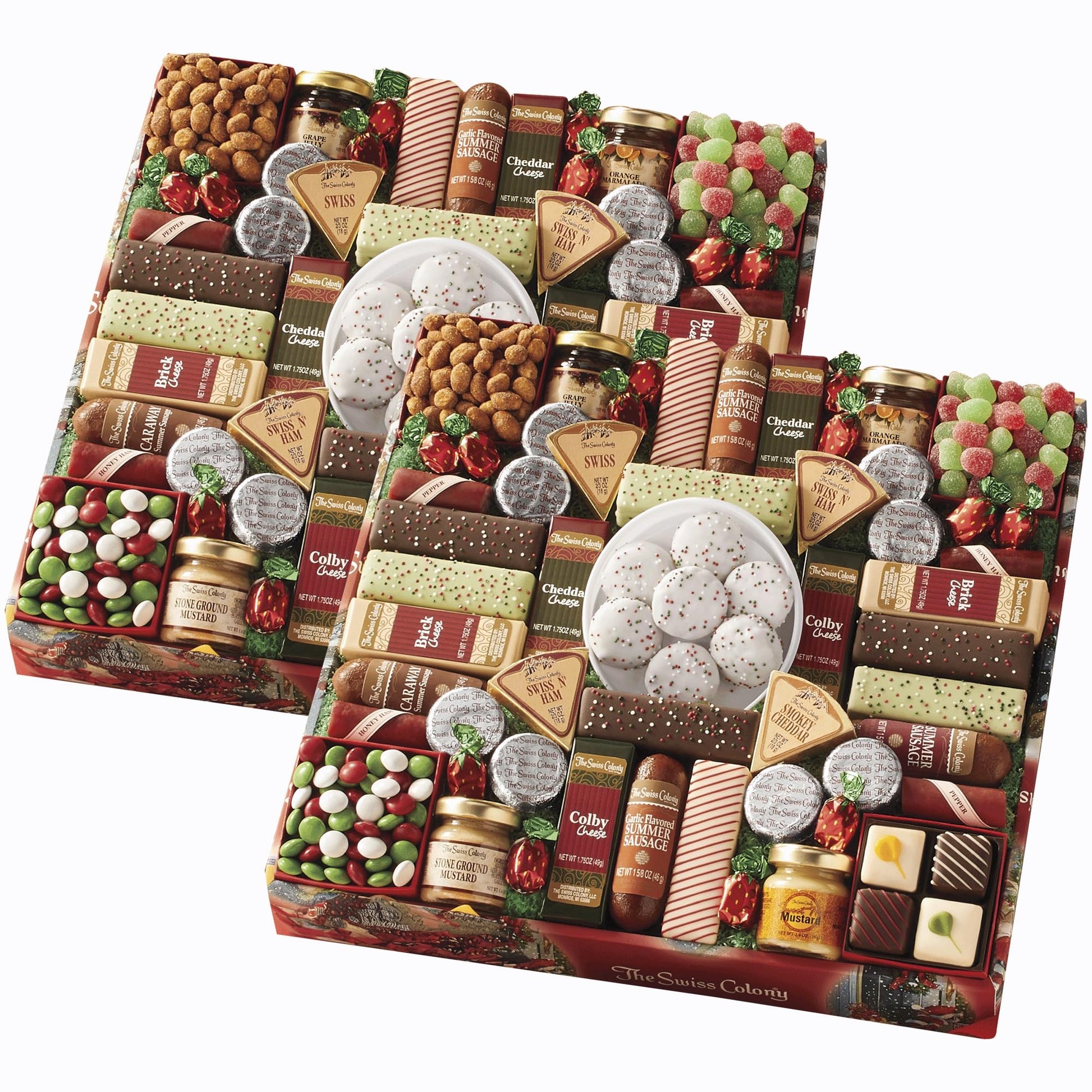 2 Holiday Gift Boxes - The Swiss Colony 43 Season Pleasers - Assorted Summer Sausage Meats  Mini Meat Sticks  Cheese Bricks And Wedges  Candies  & Chocolate Treats  Meat And Cheese Gift Set
