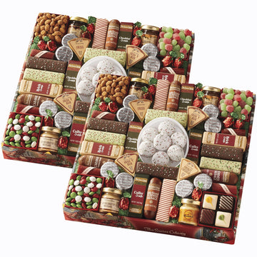 2 Holiday Gift Boxes - The Swiss Colony 43 Season Pleasers - Assorted Summer Sausage Meats  Mini Meat Sticks  Cheese Bricks And Wedges  Candies  & Chocolate Treats  Meat And Cheese Gift Set