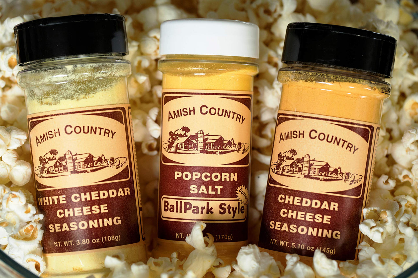 Amish Country Popcorn | BallPark Style Buttersalt - 5.5 oz, Cheddar Cheese - 4.7 oz & White Cheddar Cheese - 3.8 oz Popcorn Seas