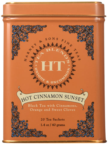 Harney & Sons Caffeinated Hot Cinnamon Sunset Black Tea With Orange And Cloves Tin, 20 Count, Pack Of 3