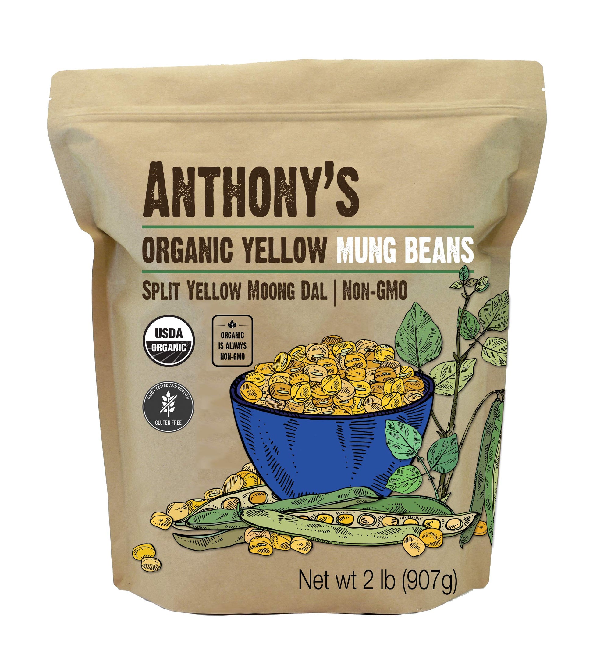 Anthonys Organic Split Yellow Mung Bean, 2 lb, Moong Dal, Gluten Free, Non GMO, Vegan
