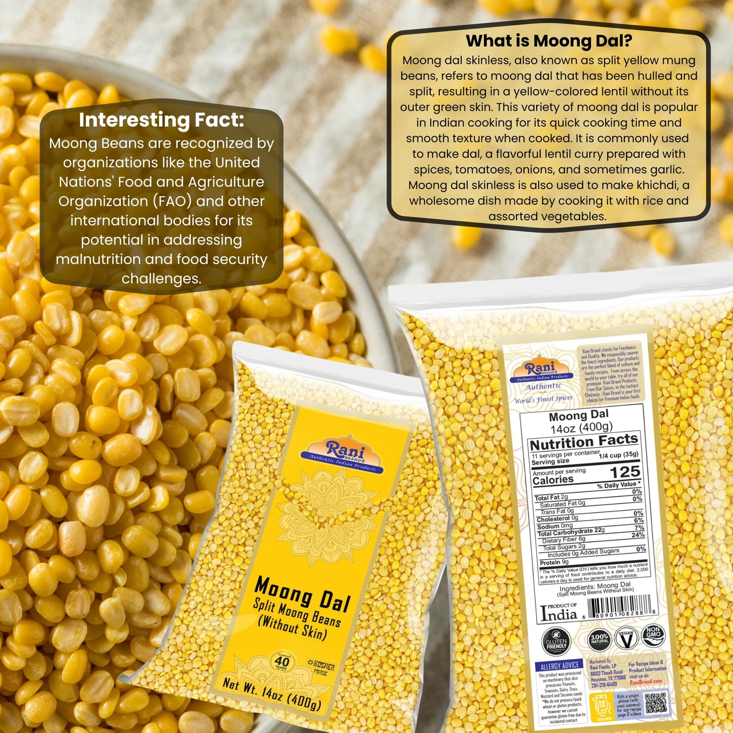 Rani Moong Dal (Split Mung Beans Without Skin) Lentils Indian 14Oz (400G) ~ All Natural | Gluten Friendly | Non-Gmo | Kosher | V