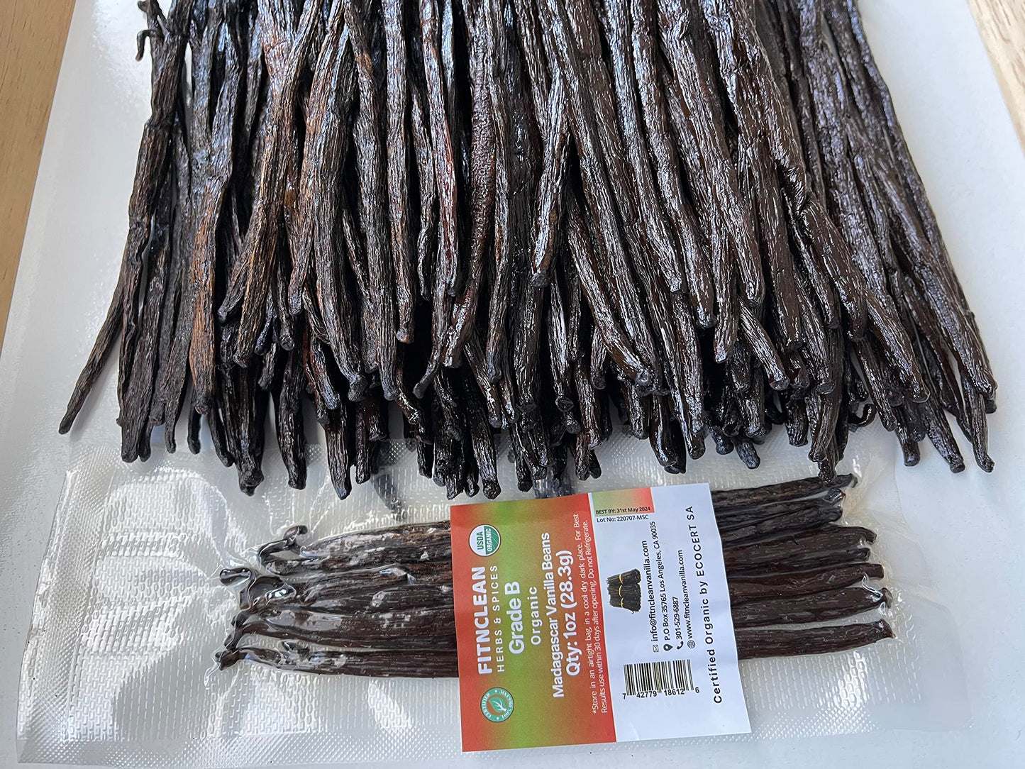 FITNCLEAN VANILLA 1oz Madagascar Vanilla Beans Grade B, USDA Organic, Whole Non-GMO Pods