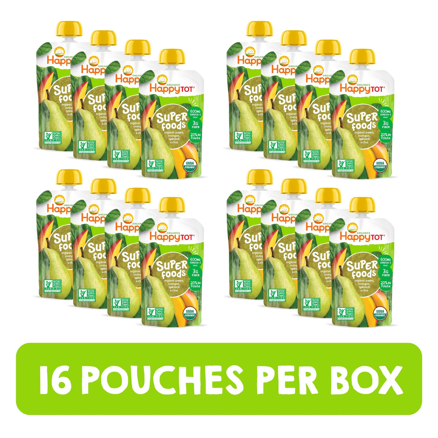 HAPPYTOT Organics Super Foods Stage 4, Pears, Mangos and Spinach + Super Chia, 4.22 Ounce Pouch (Pack of 16) packaging may vary