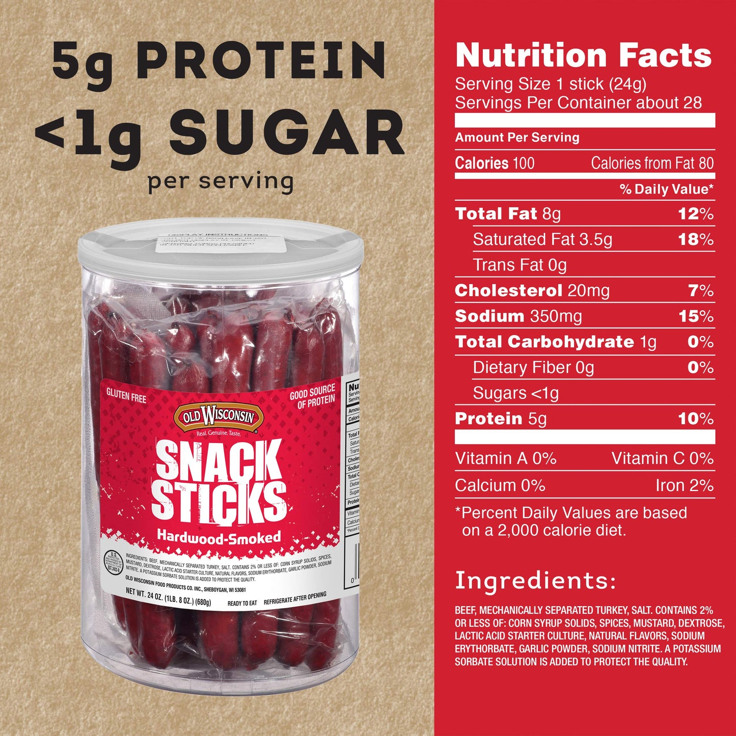 Old Wisconsin Beef Snack Sticks, High Protein, Gluten Free, 24 Ounce Resealable Jar