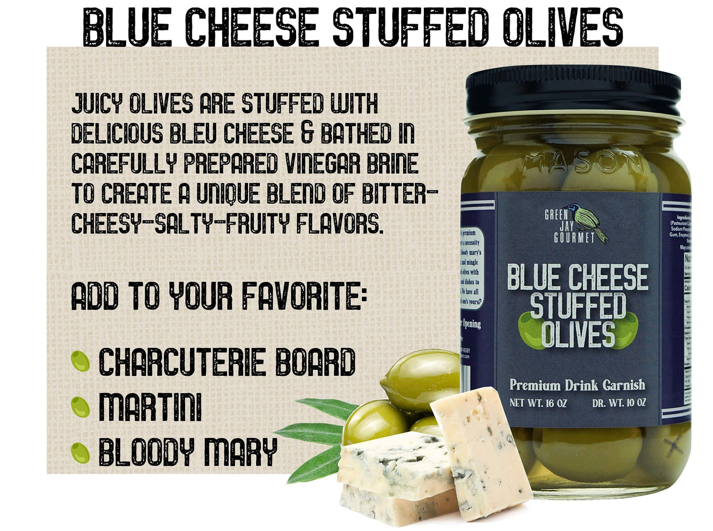 Green Jay Gourmet Blue Cheese Stuffed Olives - All Natural - 16 Ounces - Perfect for Cocktail Garnish & Cheese Board