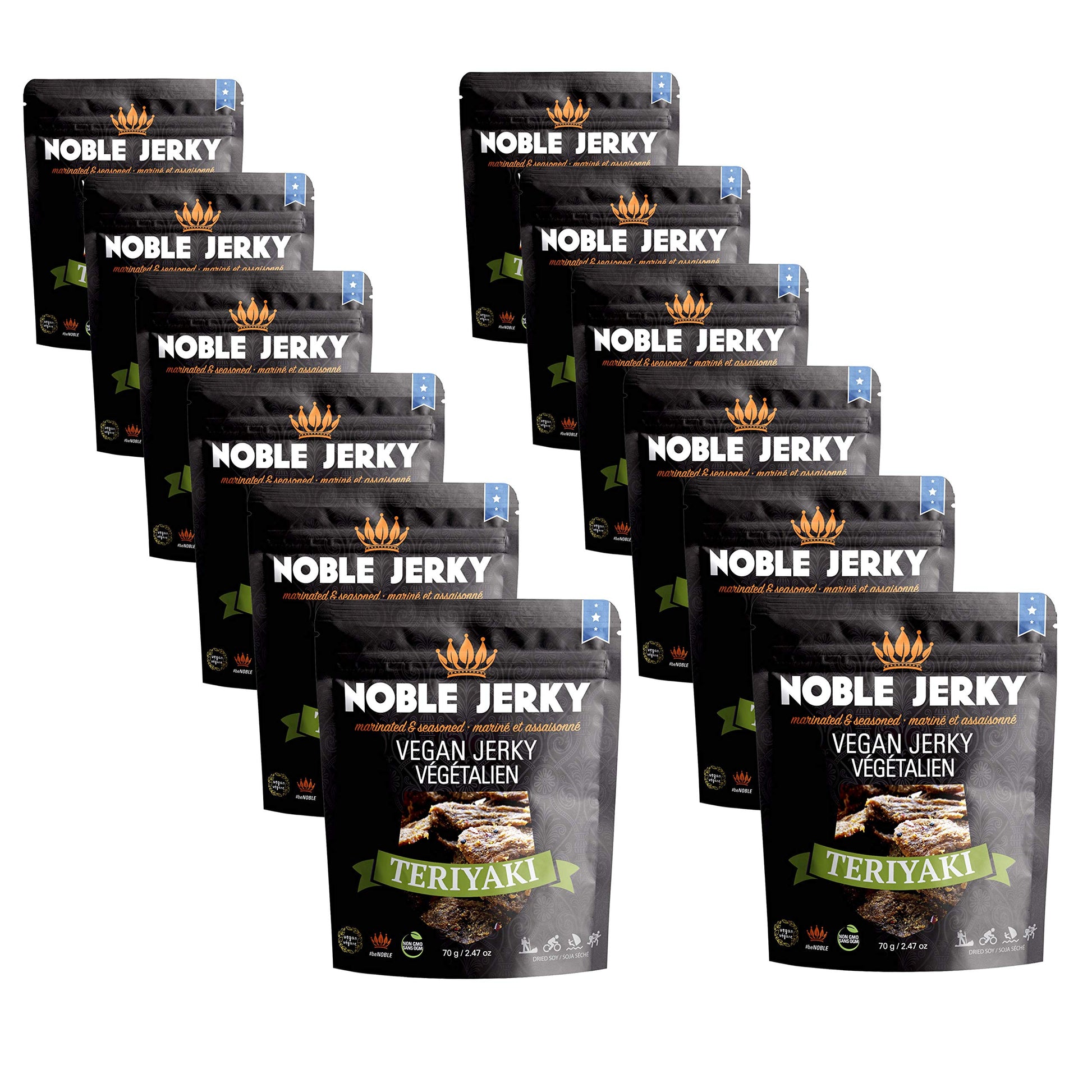 Noble Jerky - Vegan Jerky, Plant-Based High Protein Snack, Vegetarian, Non-GMO, BBQ Flavor, 12 Pack (70g Bags), 14g Protein Per 