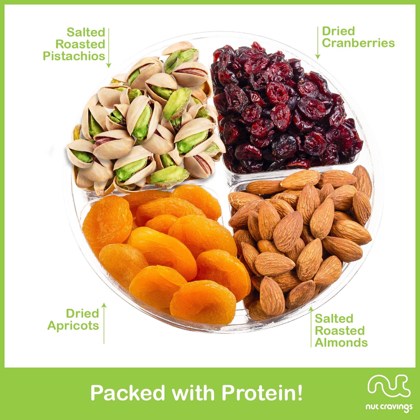 NUT CRAVINGS Gourmet Collection - Rosh Hashana & Shana Tova Dried Fruit & Mixed Nuts Gift Basket + Green Ribbon (4 Assortments)