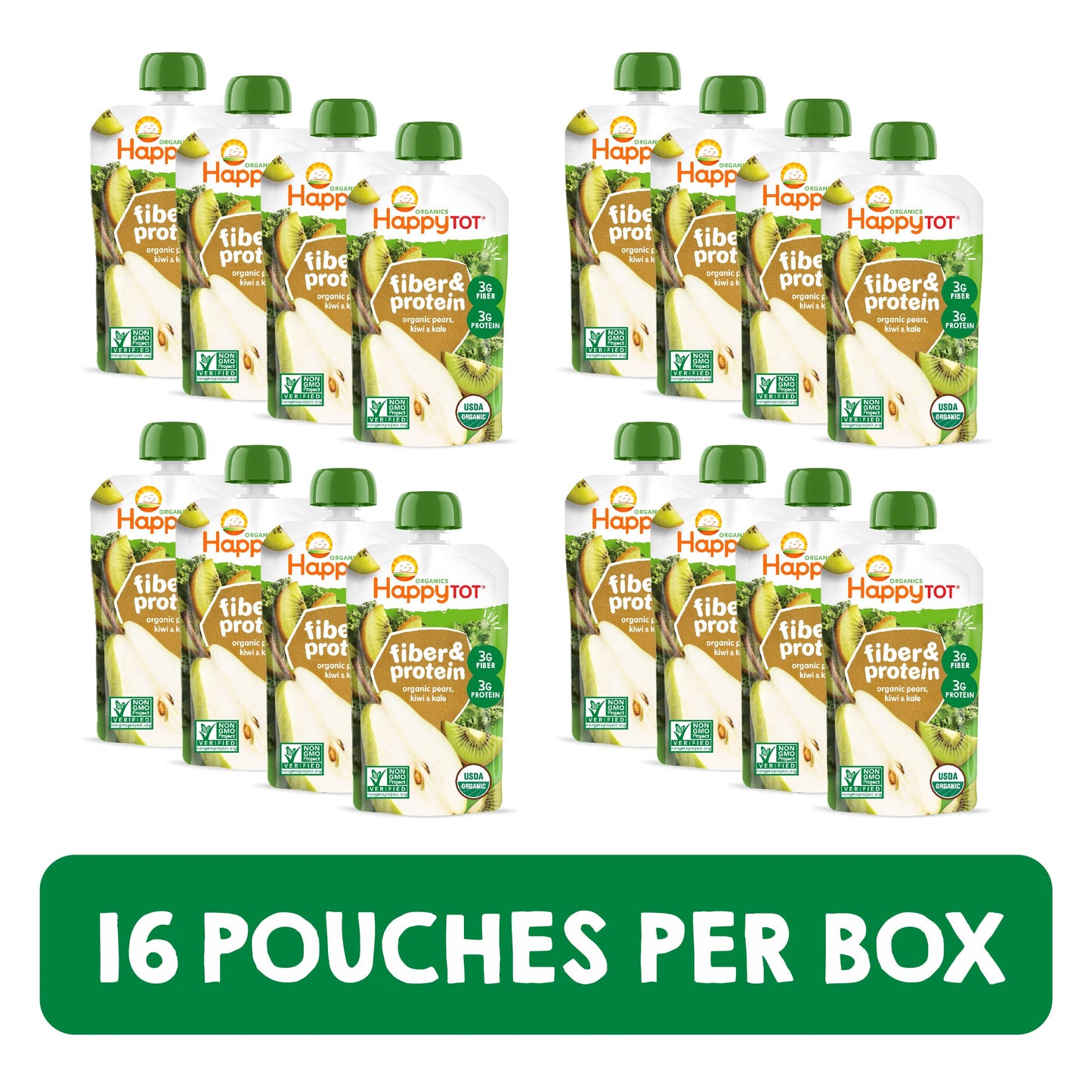 Happy Tot Organics Stage 4 Baby Food Pouches, Gluten Free, Vegan Snack, Fiber & Protein Fruit & Veggie Puree, Pears, Kiwi & Kale, 4 Ounce (Pack Of 16)