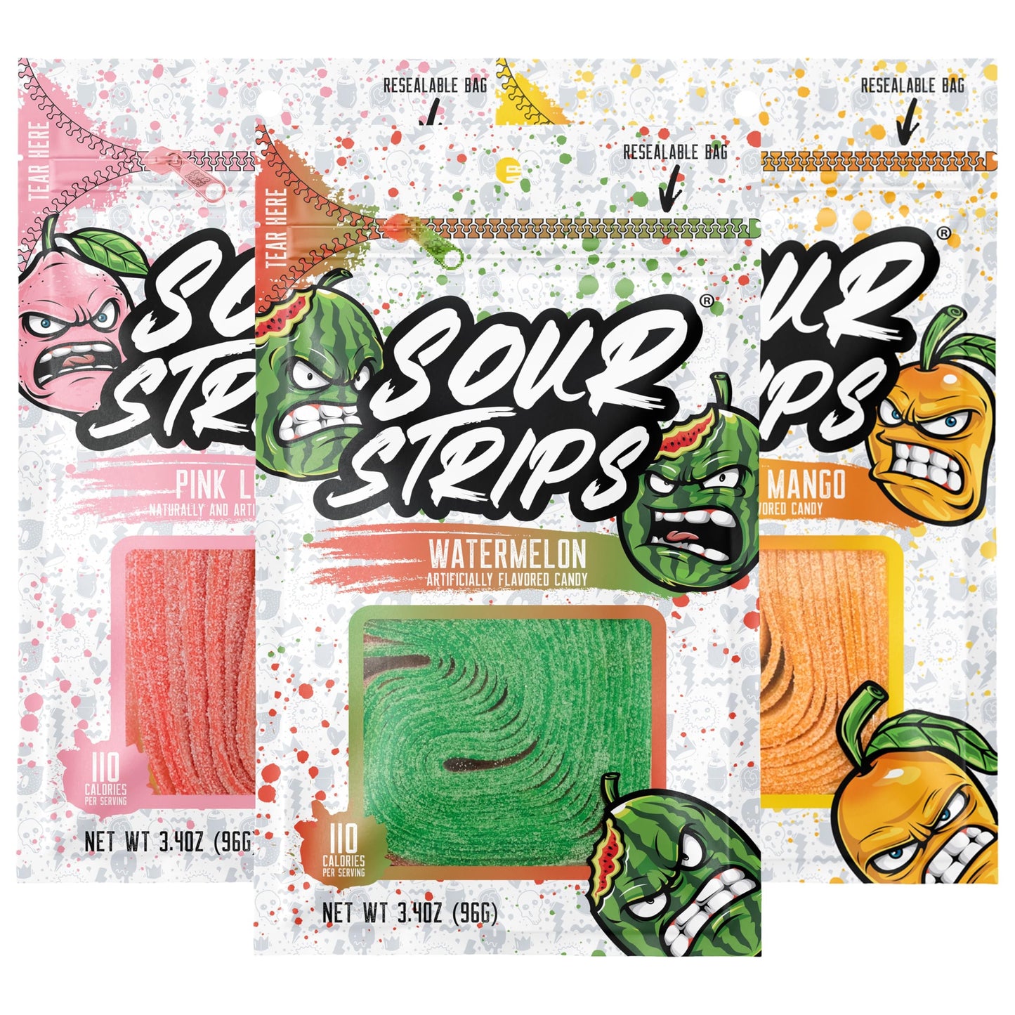 Sour Strips Flavored Sour Candy Strips, Deliciously Sour Chewy Candy Belts, Vegetarian Candies, 3 Pack (Tropical Sampler (3-Pack