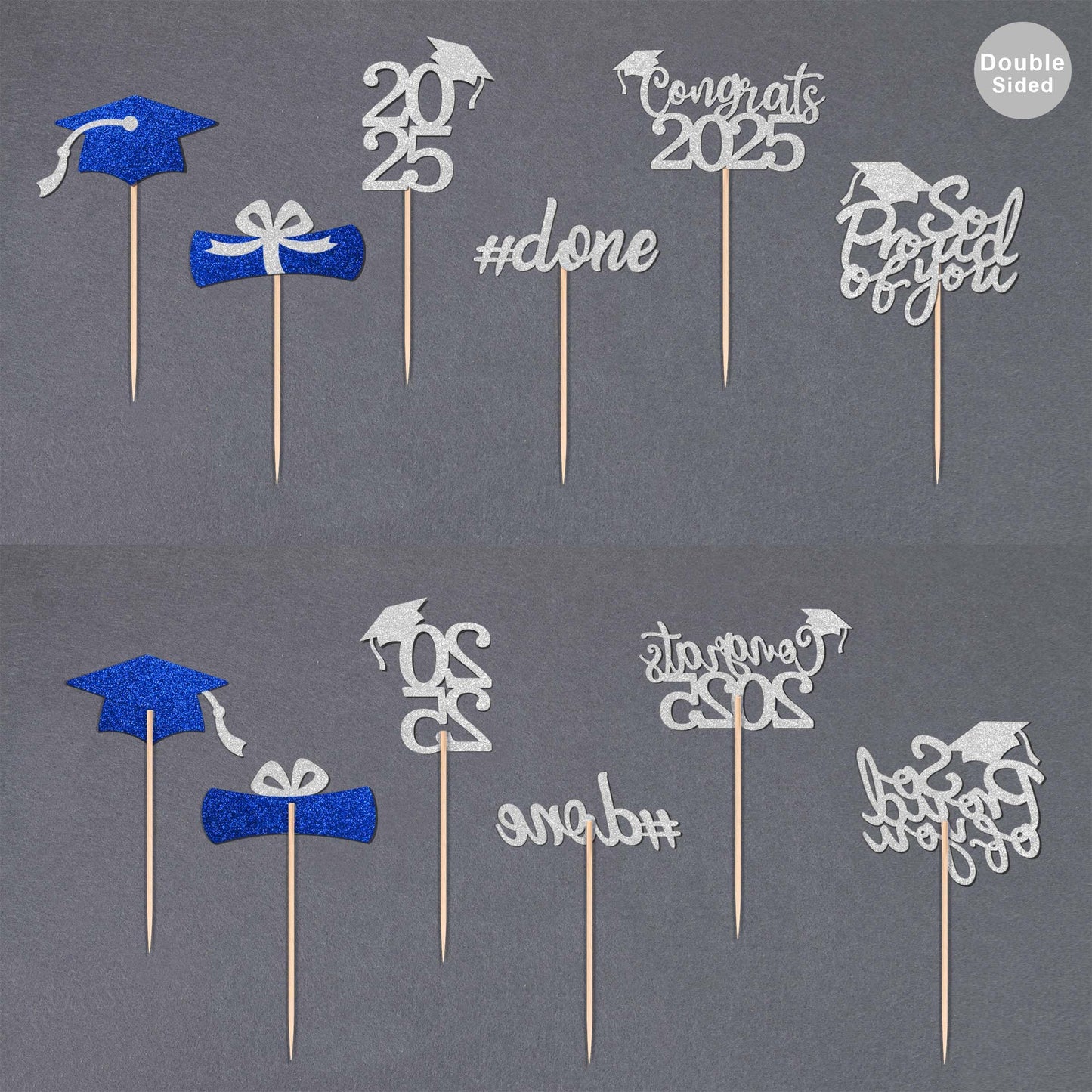 36 Pcs Class Of 2025 Graduation Cupcake Toppers, Silver & Blue Glitter Double-Sided Grad Cap Cake Picks For Party Supplies, 2025