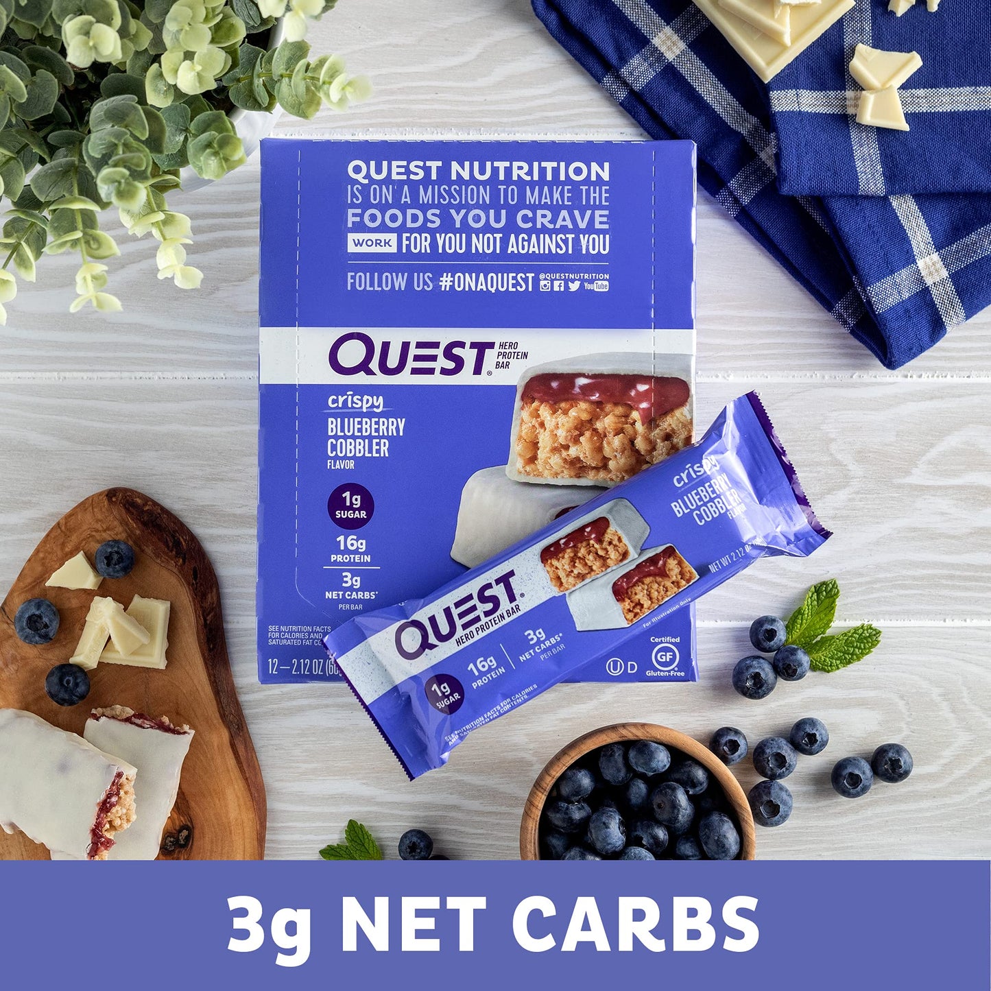 Quest Nutrition Crispy Blueberry Cobbler Hero Protein Bar, 16G Protein, 1G Sugar, 3G Net Carb, Gluten Free Protein Snack, Keto Friendly, 12 Count