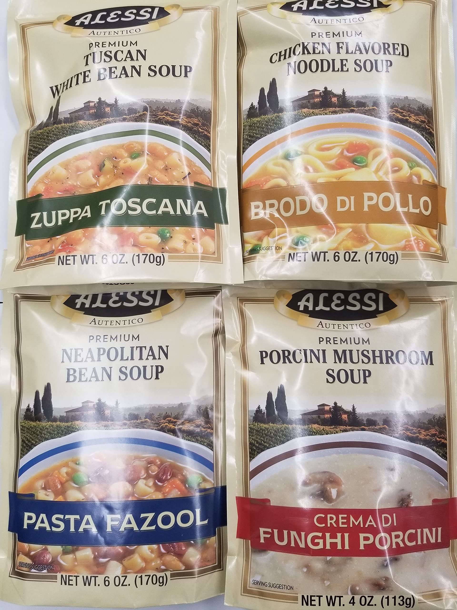 Alessi Athentic Italian Soup Mix 4 Flavor Variety Bundle: (1) Tuscan White Bean Soup, (1) Chicken Flavored Noodle Soup, (1) Porc