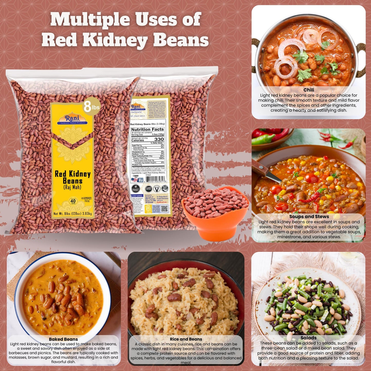 Rani Red Kidney Beans, Light 128Oz (8Lbs) 3.63Kg Bulk ~ All Natural | Vegan | Gluten Friendly | Non-Gmo | Kosher | Raj Mah