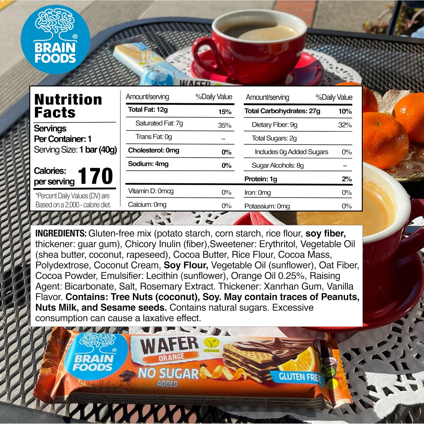 BRAIN FOODS Gluten Free Vegan Chocolate Coated Orange Wafers - 12 Bars, No Sugar Added, High Fiber, No Palm Oil, 1.4 oz, 170 Cal