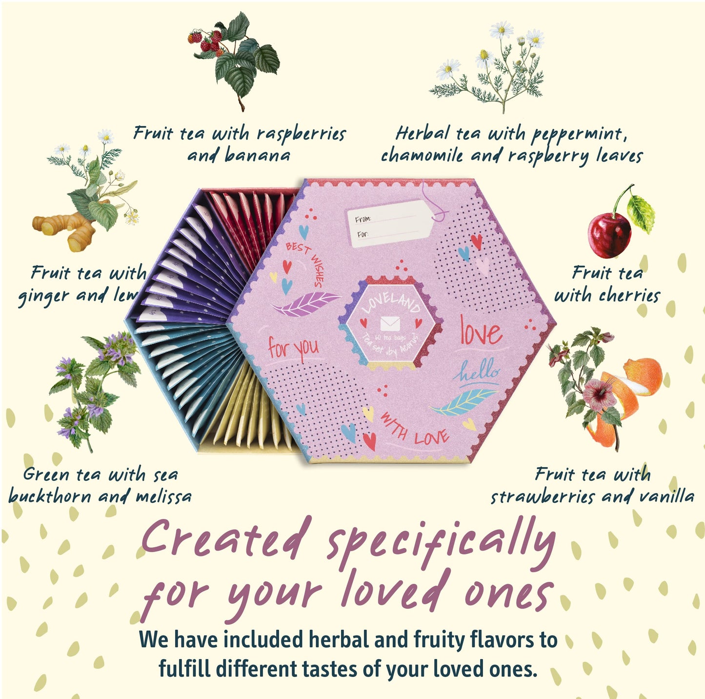 ACORUS | Loveland Tea Set | Natural Assorted Tea Hamper Box | Set of 6 flavors | Surprise your loved ones | Valentines box | Lar