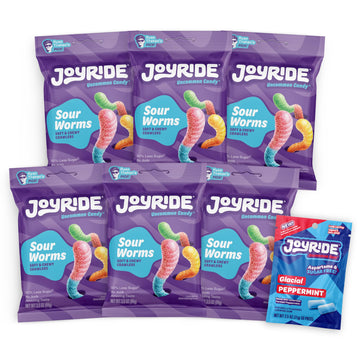 JOYRIDE Sour Worms - 3.5 oz 6-Pack Bundle with 2.5oz Glacial Peppermint Gum, Low Sugar, Low Calorie Snacks, Dye Free and Plant B