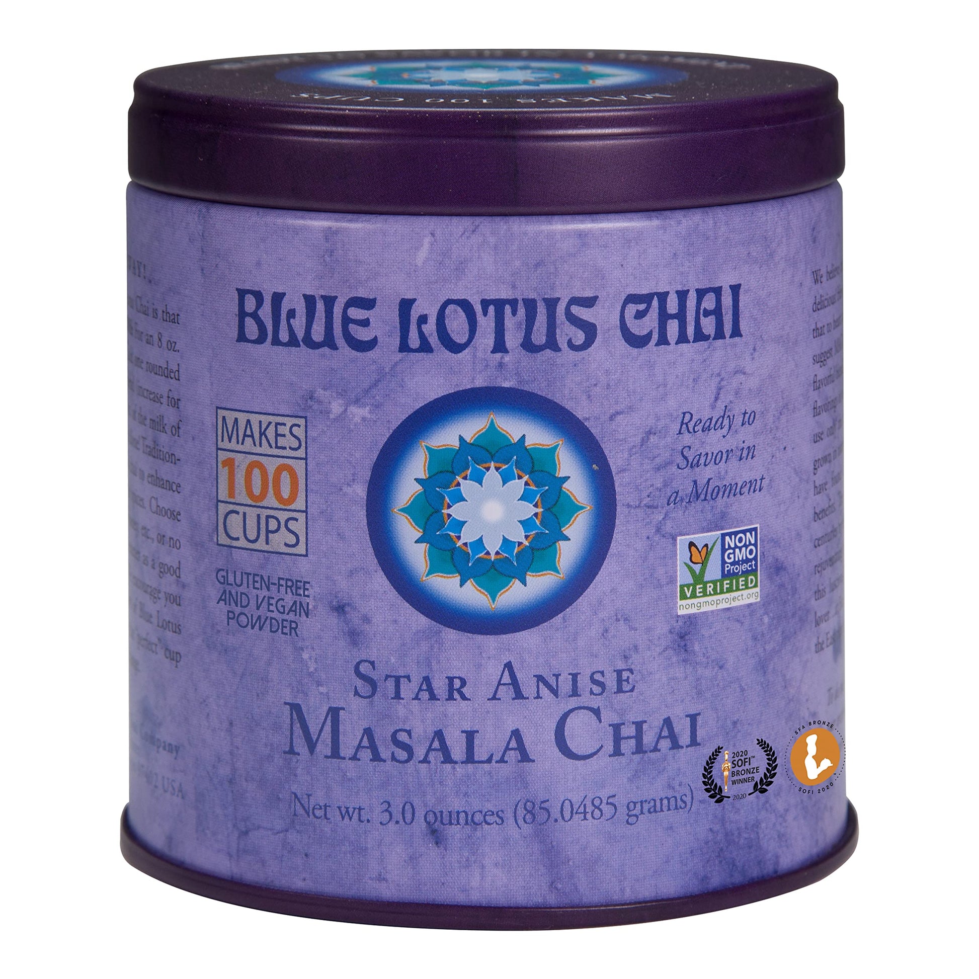 Blue Lotus Chai - Star Anise Masala Chai - Makes 100 Cups - 3 Ounce Masala Spiced Chai Powder With Organic Spices - Instant Indi